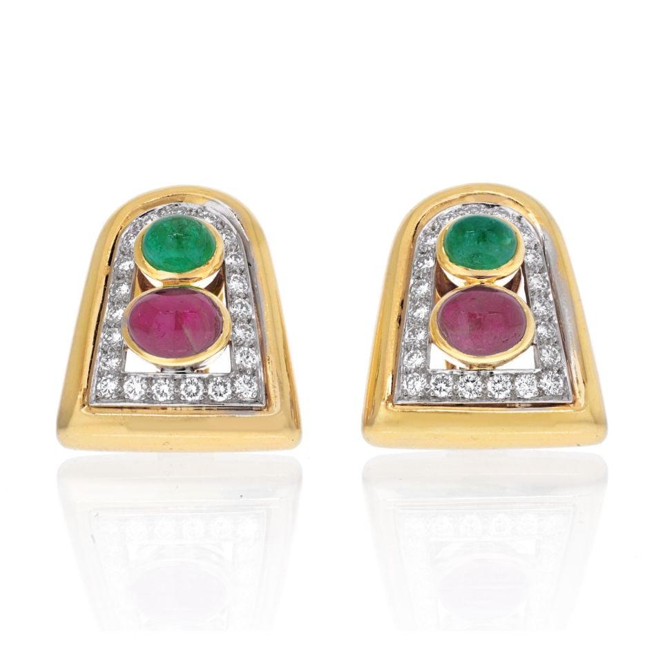 David Webb Platinum 18K Gold Ruby Emerald Diamond Clip Earrings: David Webb Platinum 18K Gold Ruby Emerald Diamond Clip Earrings Discover these exquisite David Webb Clip Earrings, masterfully crafted in a luxurious combination of Platinum and 18K Yellow Gold. Each 