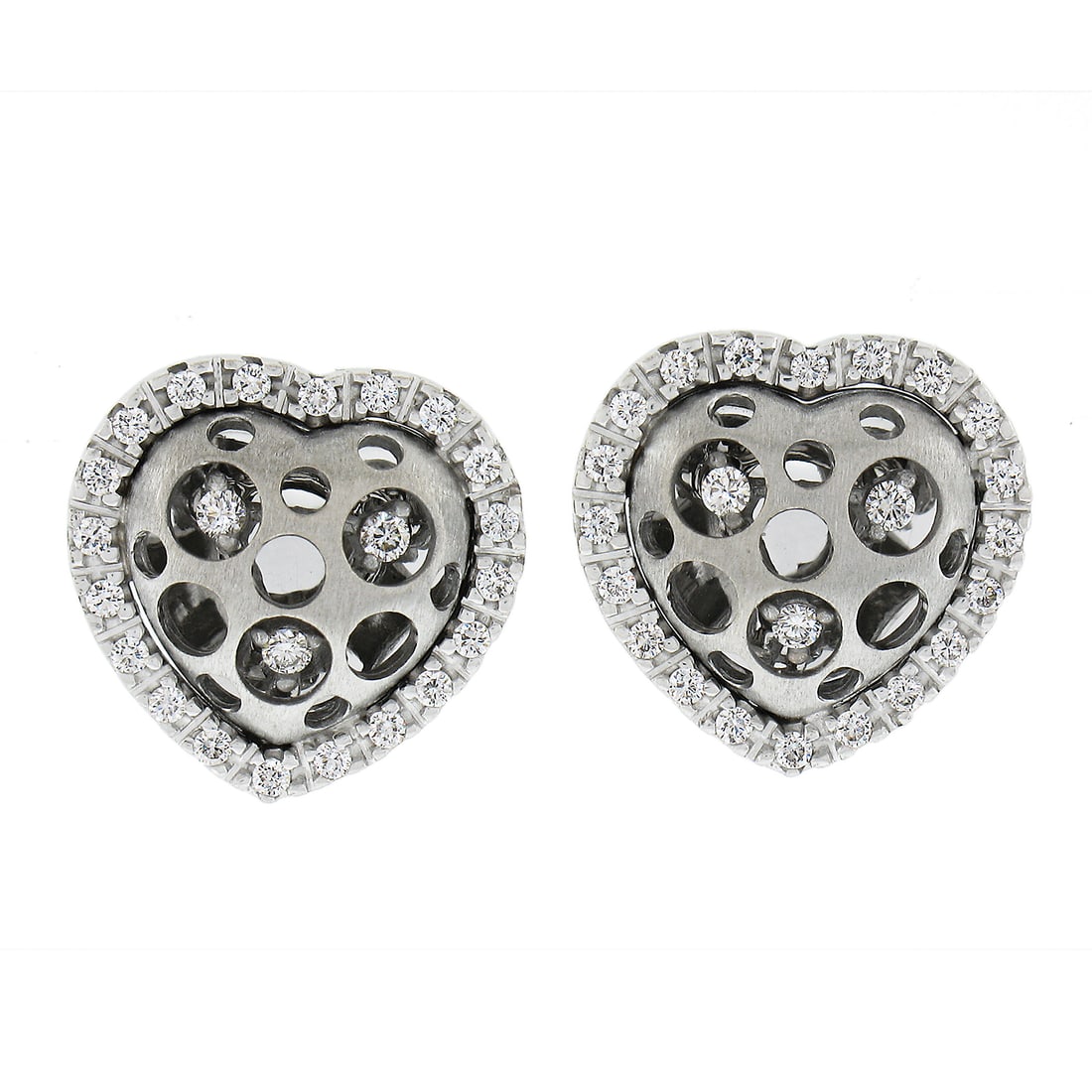 Natasha C 18K White Gold 0.58ctw Diamond Heart Stud Earrings: Natasha C 18K White Gold 0.58ctw Diamond Heart Stud Earrings Enhance your jewelry collection with these exquisite 18K White Gold Floating Diamond Brushed Puffed Heart Stud Earrings. Crafted from solid