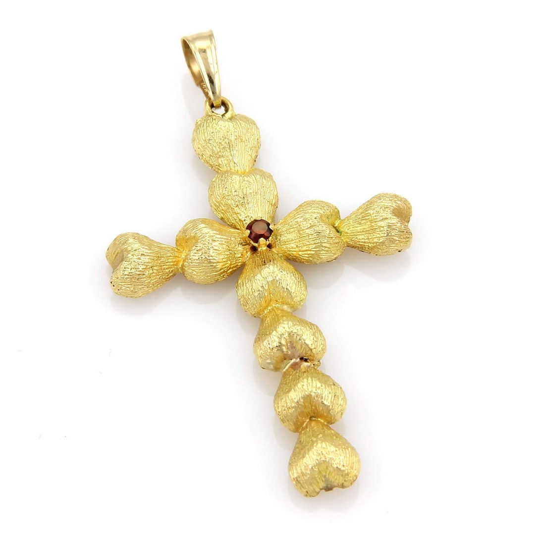 Vintage 18k Yellow Gold Heart Cross Pendant with Garnet: Vintage 18k Yellow Gold Heart Cross Pendant with Garnet Vintage heart cross charm pendant crafted in 18k yellow gold with a 14k gold bail. The openwork design features heart-inspired motifs, a texture