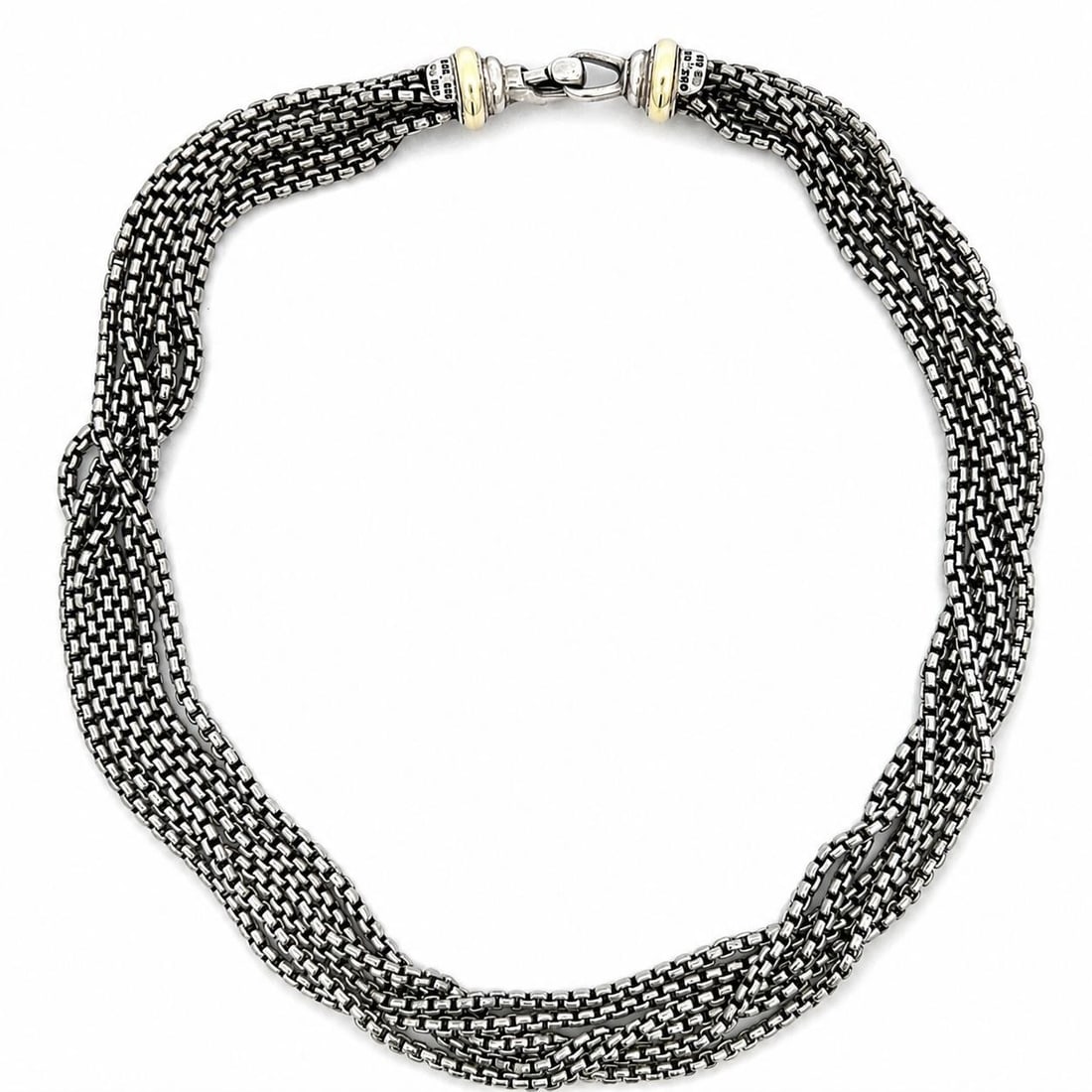 David Yurman Layered Box Link Necklace Sterling Silver 14k Gold 16in: David Yurman Layered Box Link Necklace Sterling Silver 14k Gold 16in David Yurman multi-strand box link chain necklace crafted in solid sterling silver with 14k yellow gold accents. This layered women