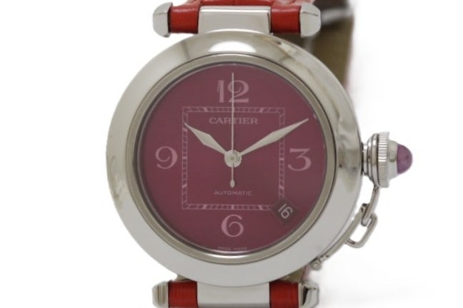 Cartier Pasha C W3108299 Unisex Watch Purple Leather Stainless Steel: Cartier Pasha C W3108299 Unisex Watch Purple Leather Stainless Steel Cartier Pasha C Christmas Limited Edition wristwatch with a round stainless steel case, purple dial, and purple leather strap. It f