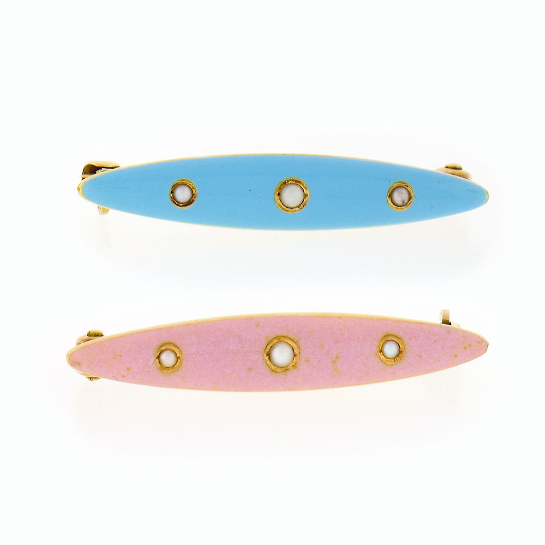 Krementz Antique 14k Gold Seed Pearl Enamel Bar Pins Pair: Krementz Antique 14k Gold Seed Pearl Enamel Bar Pins Pair Discover a stunning pair of antique Krementz bar pins, expertly crafted in solid 14k yellow gold during the exquisite Art Nouveau period. Each