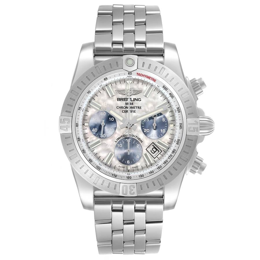 Breitling Chronomat 44 Airbourne mens watch MOP dial steel bracelet card: Breitling Chronomat 44 Airbourne mens watch MOP dial steel bracelet card Breitling Chronomat 44 Airbourne men's watch with a Mother of Pearl dial, rotating steel bezel, and stainless steel bracelet. T