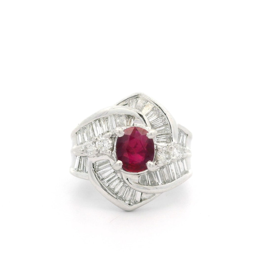 Vintage Platinum GIA Certified 2.49ct Burma Ruby Diamond Cocktail Ring: Vintage Platinum GIA Certified 2.49ct Burma Ruby Diamond Cocktail Ring This exquisite vintage cocktail ring showcases a stunning 2.49ct natural Burma ruby, elegantly set in solid platinum. The centerp
