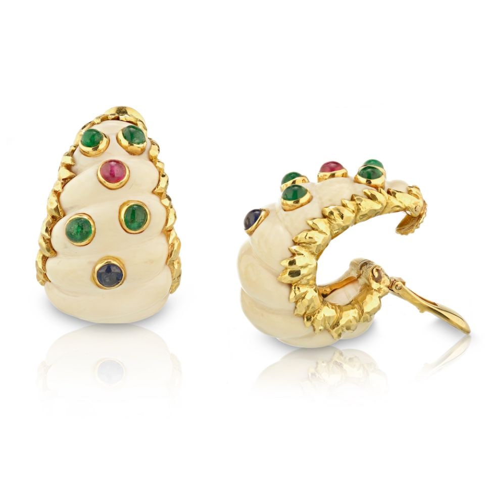 David Webb 18K Gold 1970s Gemstone Clip Earrings Sapphires Rubies Emeralds: David Webb 18K Gold 1970s Gemstone Clip Earrings Sapphires Rubies Emeralds Exquisite David Webb clip earrings crafted from 18K yellow gold, showcasing an artistic combination of vibrant gemstones. Cir