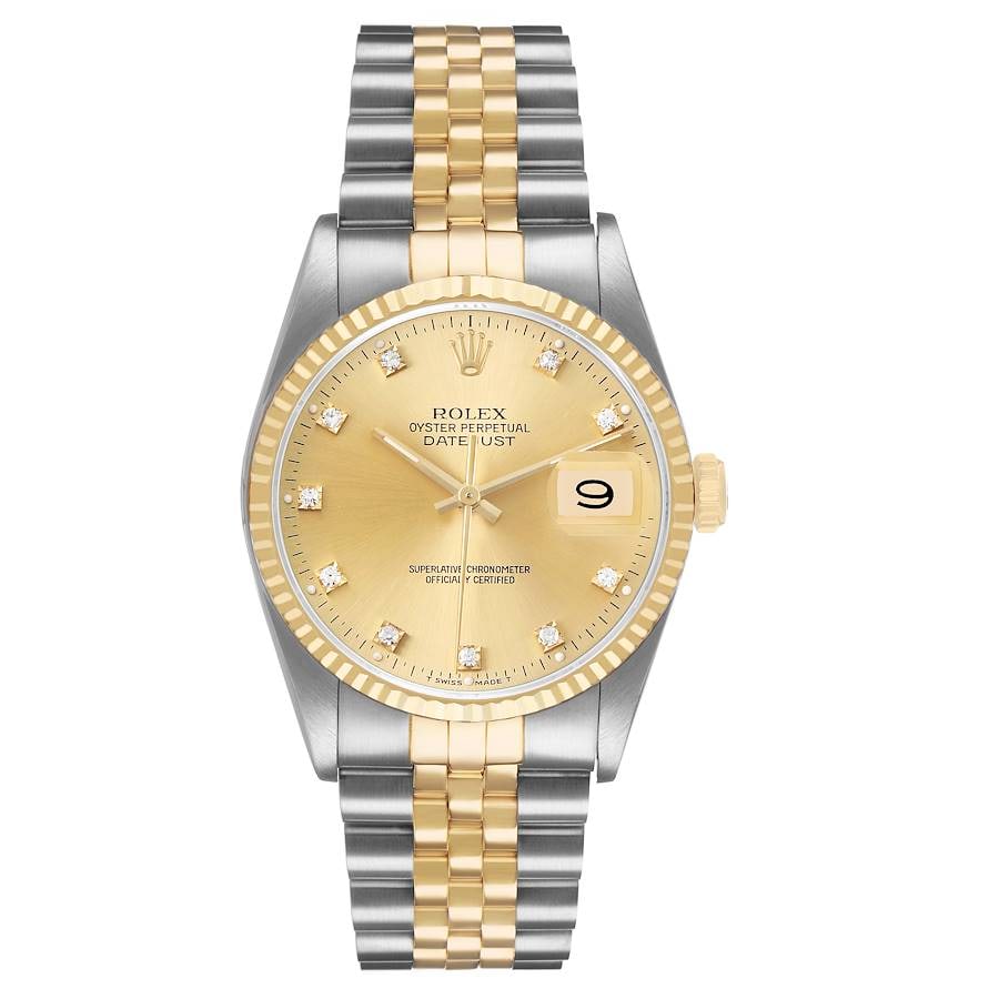 Rolex Datejust 16233 Champagne Diamond Dial Jubilee Papers 1993: Rolex Datejust 16233 Champagne Diamond Dial Jubilee Papers 1993 This Rolex Datejust watch features a champagne diamond dial and is paired with a D-Link Jubilee bracelet. The timepiece has a fluted bez