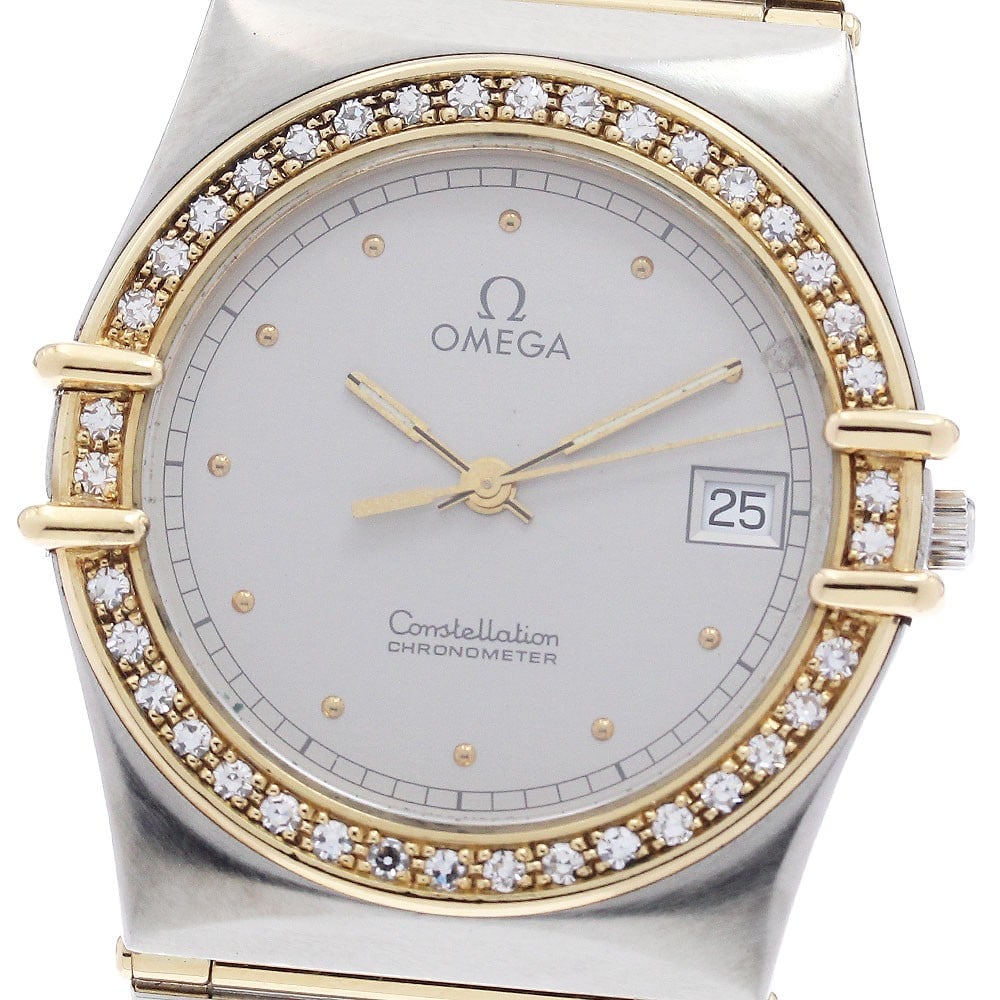 OMEGA Constellation men's quartz wristwatch with date diamond bezel: OMEGA Constellation men's quartz wristwatch with date diamond bezel An OMEGA Constellation Date men's wristwatch with a diamond bezel and full bar design. This pre-owned quartz watch features a silver