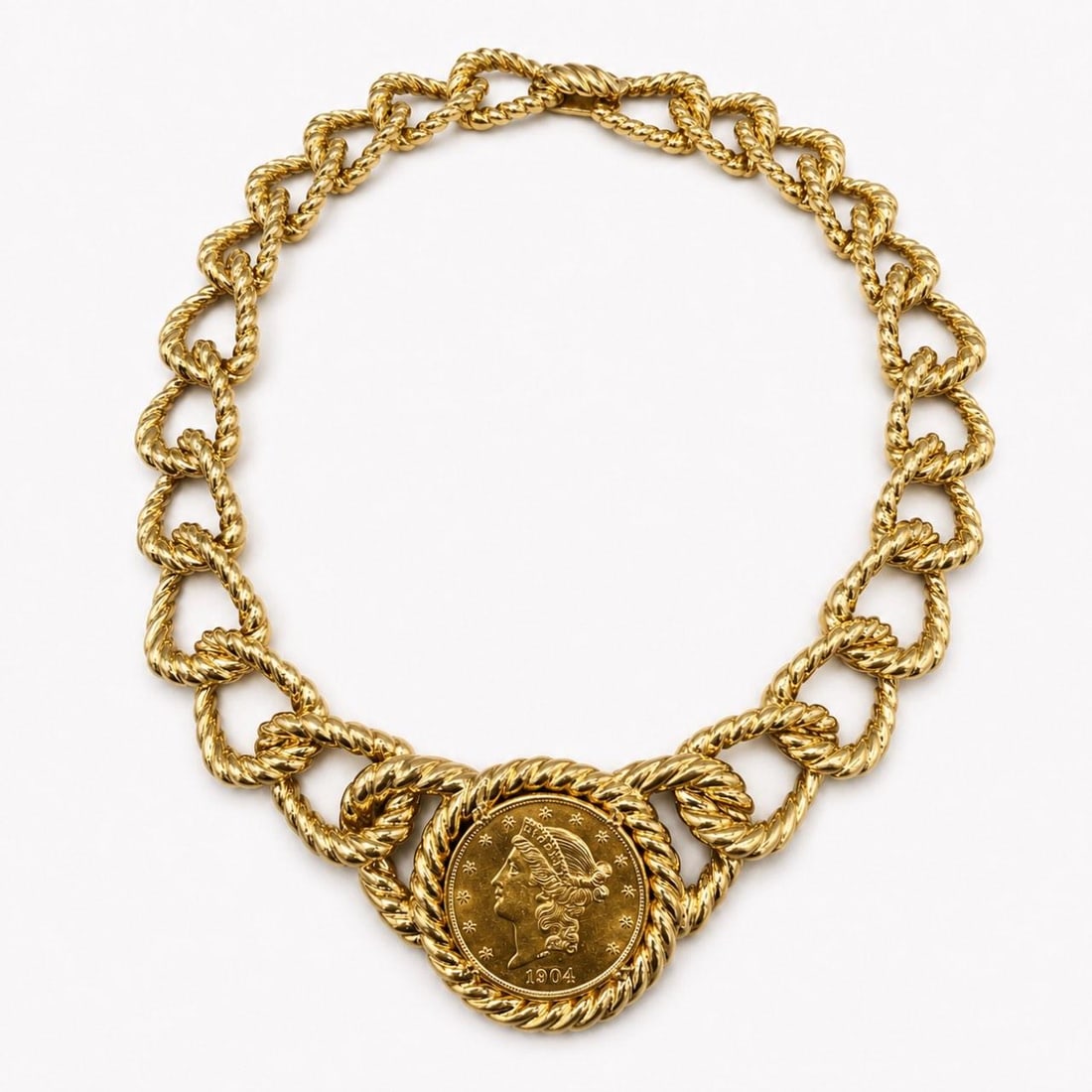 David Webb US Liberty Coin Necklace Set in 18K Yellow Gold 22K: David Webb US Liberty Coin Necklace Set in 18K Yellow Gold 22K Pre-owned necklace set featuring 18K yellow gold and a 22K US Liberty coin. Includes the original pouch and outer box. Specifications Bra