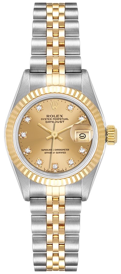 Rolex 69173 Datejust Lady watch with champagne diamond dial: Rolex 69173 Datejust Lady watch with champagne diamond dial Ladies Rolex Datejust Lady watch, reference 69173, with a champagne diamond dial, fluted bezel, and D-Link Jubilee bracelet. The listing ide