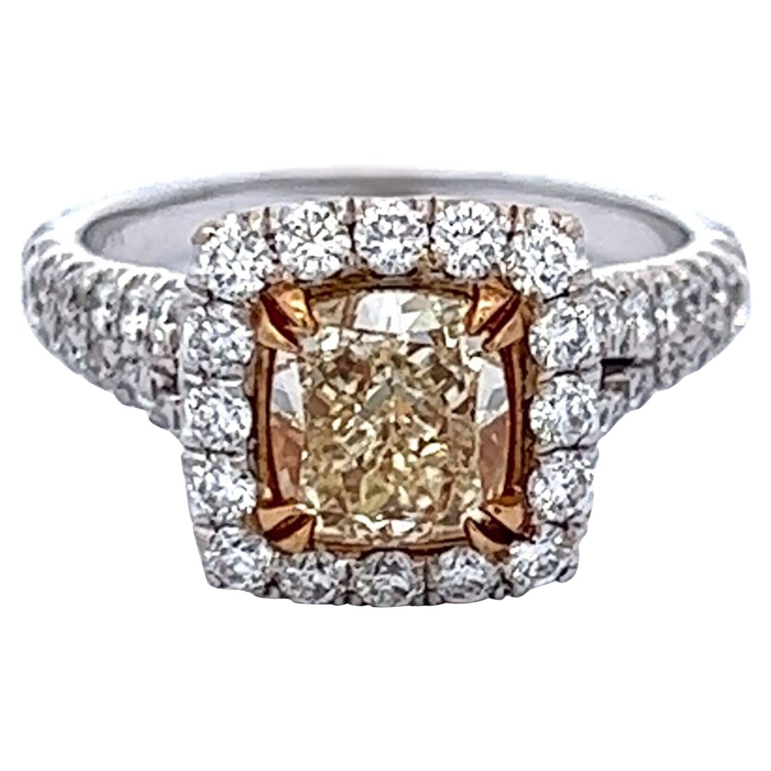 2.58ct Fancy Intense Yellow Diamond Ring 18k Two-Tone EGL Certified: 2.58ct Fancy Intense Yellow Diamond Ring 18k Two-Tone EGL Certified This exquisite ring features a stunning 2.58ctt Fancy Intense Yellow Cushion Diamond, set in a luxurious two-tone 18k gold design. T