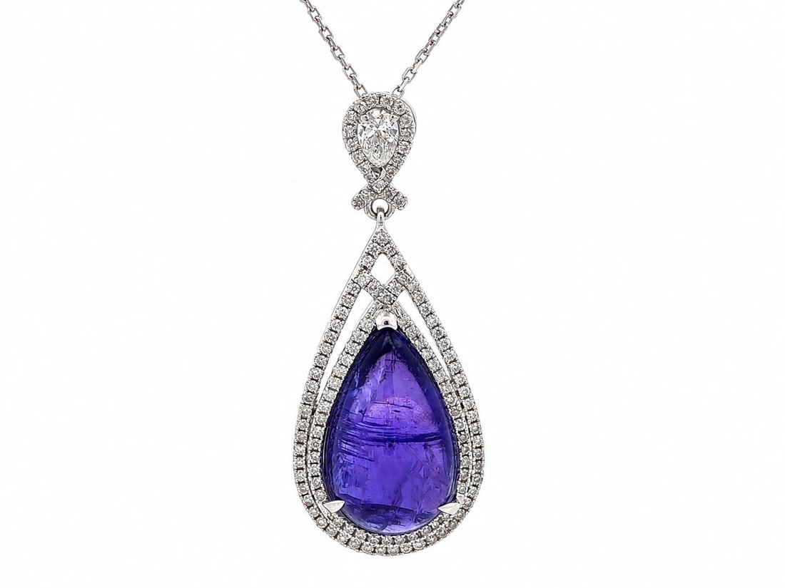 Unbranded GIA Tanzanite Diamond Pendant Necklace in White Gold: Unbranded GIA Tanzanite Diamond Pendant Necklace in White Gold Elegant women's necklace and pendant set featuring a large natural genuine tanzanite center stone with diamond accents. The pendant showc