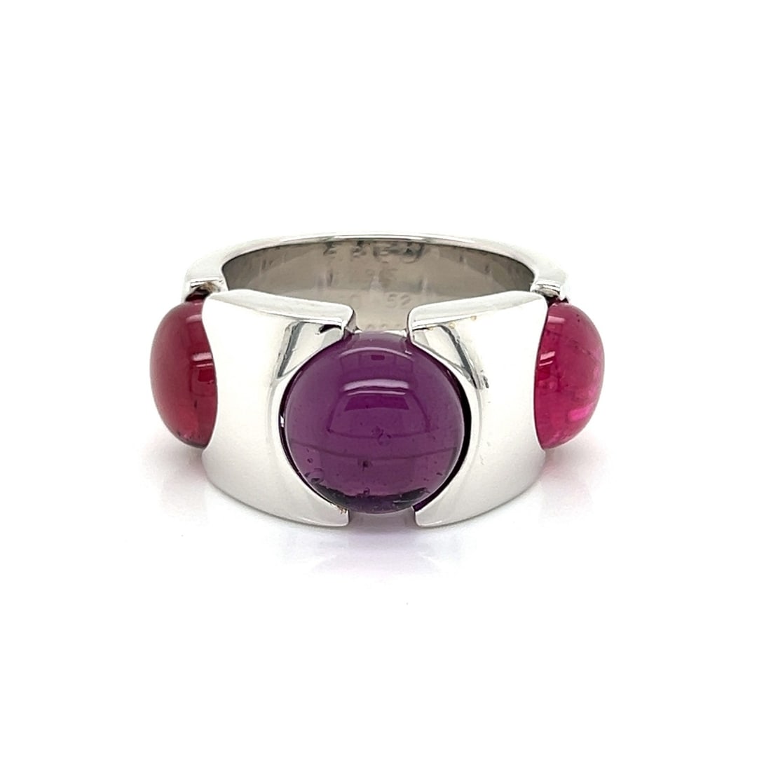 Fred Paris Statement Ring 18k White Gold Amethyst Pink Tourmaline Size 6: Fred Paris Statement Ring 18k White Gold Amethyst Pink Tourmaline Size 6 Pre-owned Fred of Paris statement gemstone ring crafted in 18k white gold. This signed wide-band design features a central natu