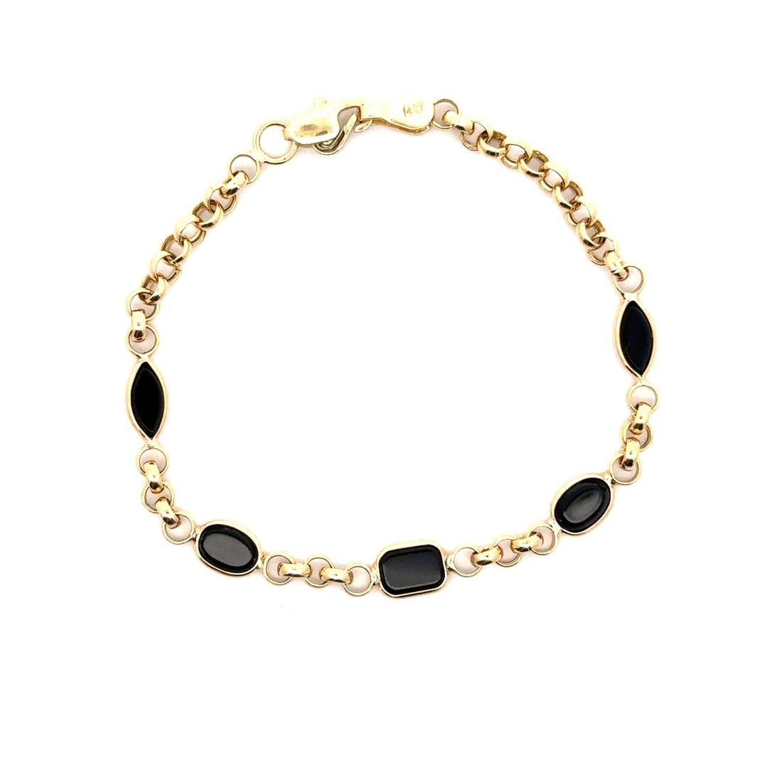 Unbranded 14k Yellow Gold Rolo Link Bracelet with 5 Black Onyx Stations: Unbranded 14k Yellow Gold Rolo Link Bracelet with 5 Black Onyx Stations Pre-owned women's station bracelet crafted in 14k solid yellow gold, featuring five natural genuine black onyx stones in marquis