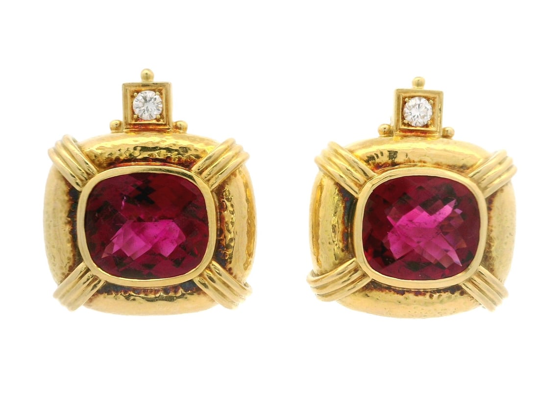 Elizabeth Gage 18k Gold GIA Certified Rubellite Tourmaline Diamond Clip Earrings: Elizabeth Gage 18k Gold GIA Certified Rubellite Tourmaline Diamond Clip Earrings These exquisite Elizabeth Gage clip earrings are crafted from solid 18k yellow gold and feature stunning natural genuin