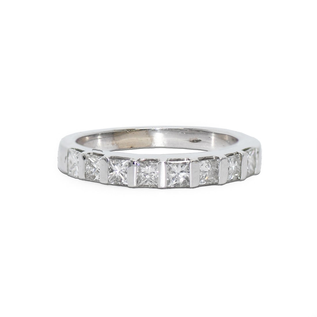 14K White Gold Cluster Diamond Band Ring Size 6 8 Stones: 14K White Gold Cluster Diamond Band Ring Size 6 8 Stones This elegant ladies' band ring features eight princess cut natural diamonds set in a 14k white gold mounting. The diamonds have an I-J color gr
