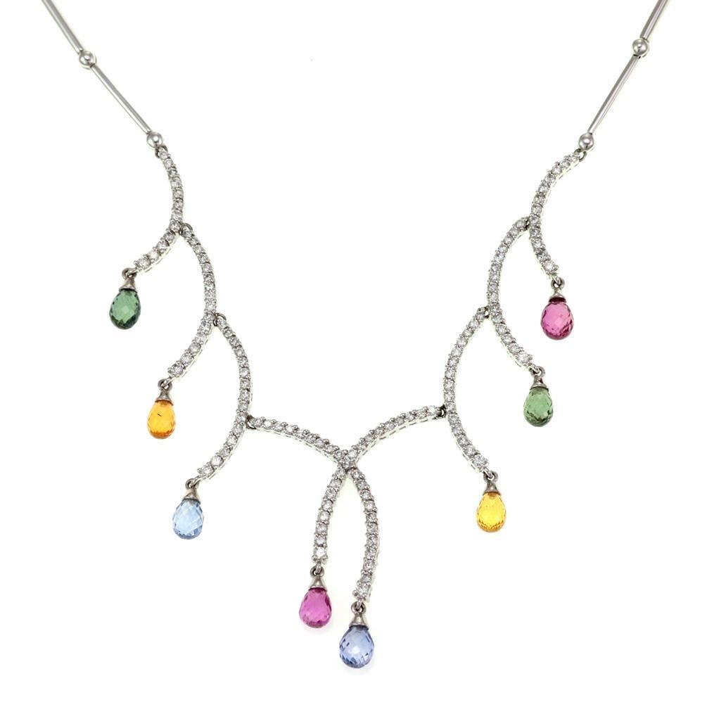 Stunning 11ct Diamond Sapphire 14k White Gold Dangle Necklace: Stunning 11ct Diamond Sapphire 14k White Gold Dangle Necklace This exquisite dangle necklace showcases a captivating design crafted from 14k white gold. The centerpiece features short curved bars ador