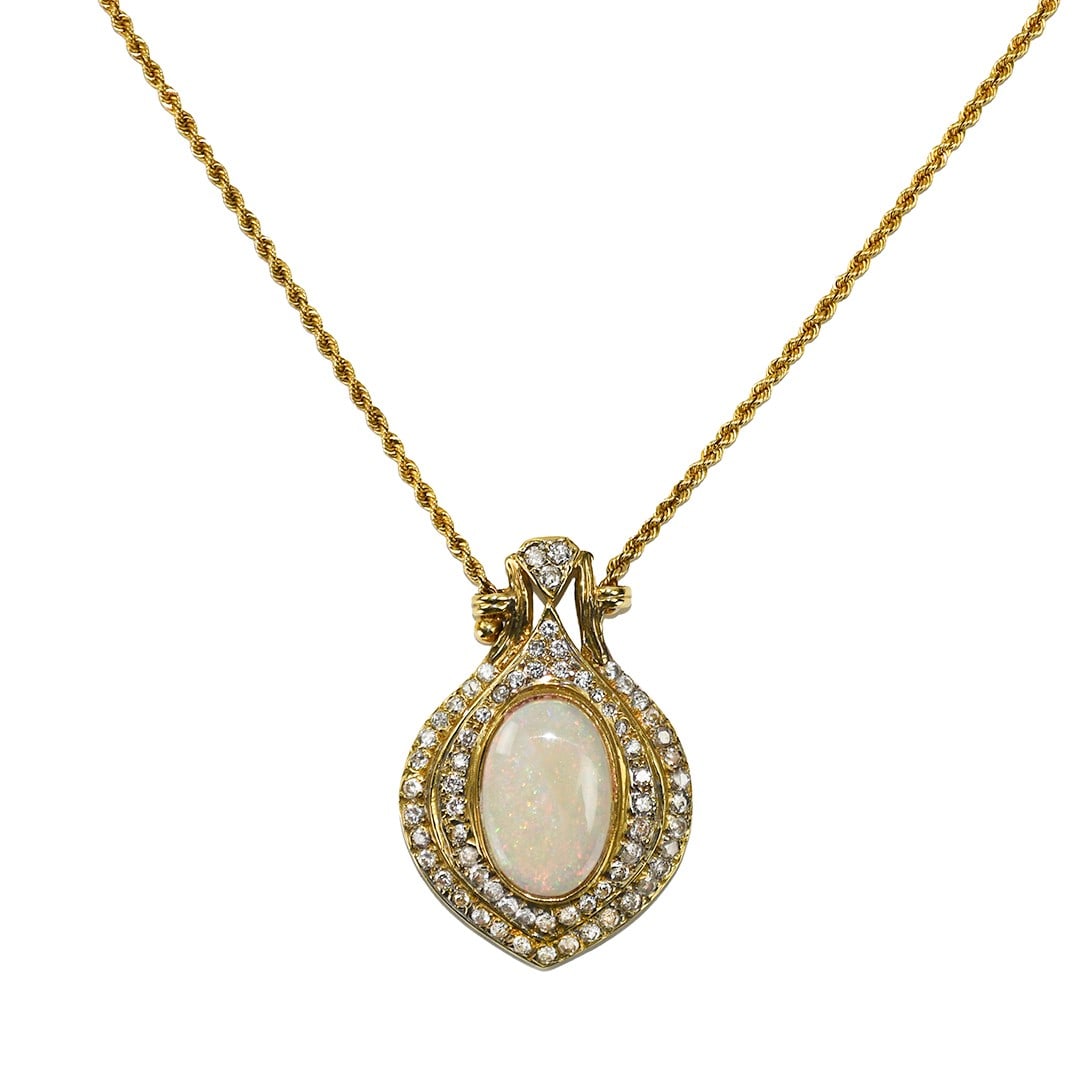 Unbranded 14K Gold Opal Diamond Pendant Necklace with 16 Inch Rope Chain: Unbranded 14K Gold Opal Diamond Pendant Necklace with 16 Inch Rope Chain Pre-owned 14k yellow gold pendant necklace featuring a natural oval white opal with red and green play of color, accented by ro