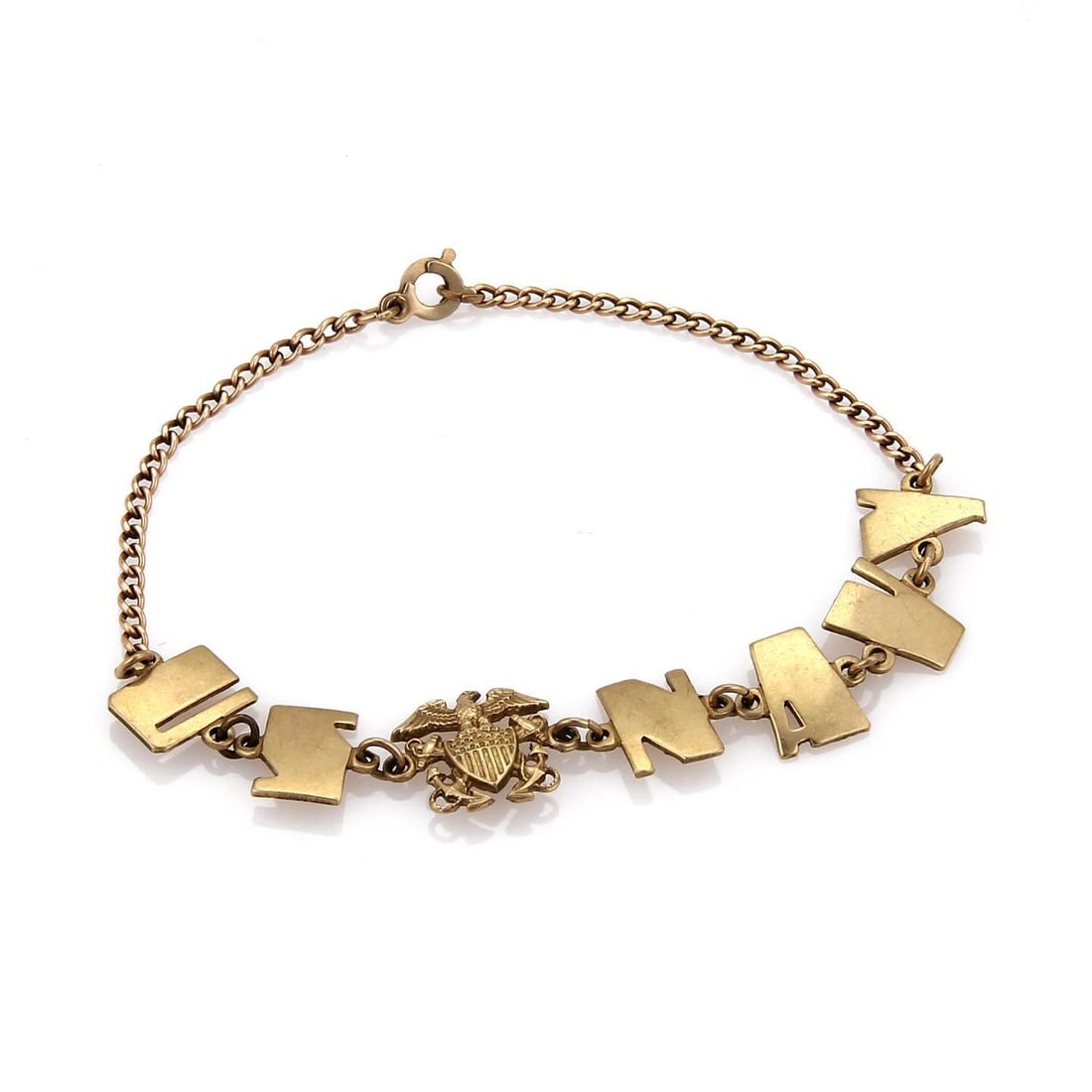 Vintage 10k Yellow Gold US Navy Eagle Charm Bracelet 7 inch: Vintage 10k Yellow Gold US Navy Eagle Charm Bracelet 7 inch This vintage charm bracelet is a tribute to the US Navy, expertly crafted from 10k yellow gold. It features the words 'US NAVY' adorned with