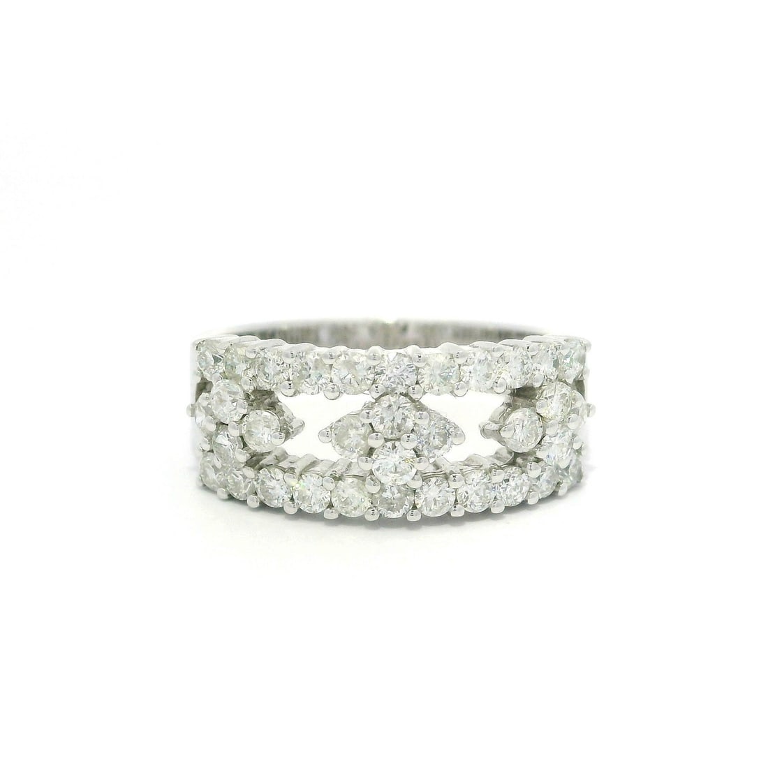 14k White Gold 1.03ctw Diamond Cluster Cocktail Ring: 14k White Gold 1.03ctw Diamond Cluster Cocktail Ring This stunning cocktail band ring is crafted from solid 14k white gold and features a dazzling cluster of 34 round brilliant cut diamonds. With a to