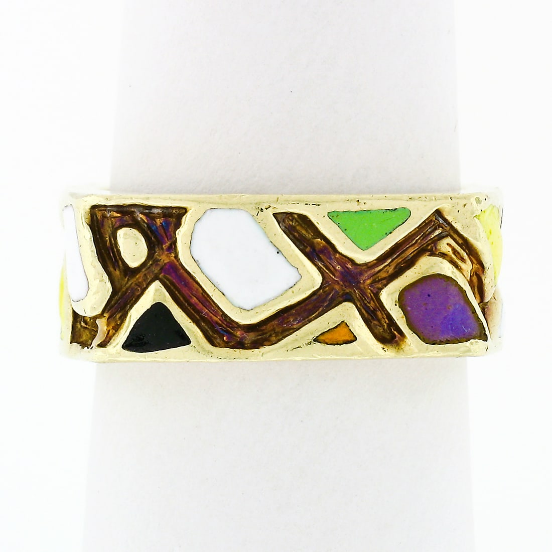 Vintage Martine 14k Gold Multicolored Enamel Mosaic Eternity Band Ring: Vintage Martine 14k Gold Multicolored Enamel Mosaic Eternity Band Ring Discover the beauty of this Vintage Martine 14k Gold Multicolored Enamel Mosaic Squared Eternity Band Ring, a stunning piece craf