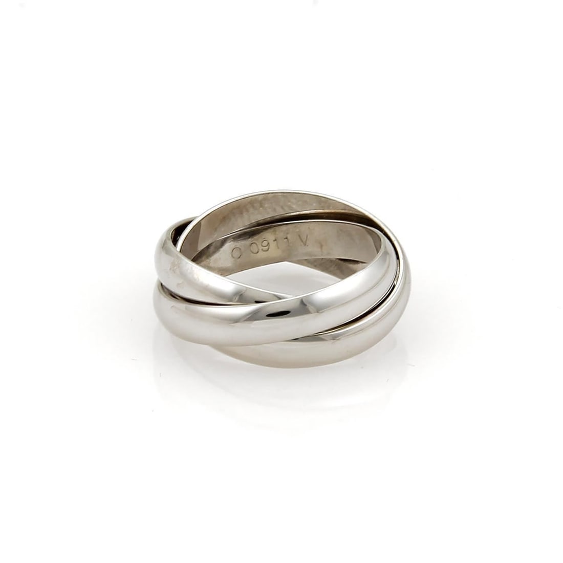 Cartier Trinity Rolling Band Ring 18k White Gold Size 5.5 with Papers: Cartier Trinity Rolling Band Ring 18k White Gold Size 5.5 with Papers Authentic Cartier Trinity rolling band ring crafted in polished 18k white gold. This iconic design features three interlocking ban
