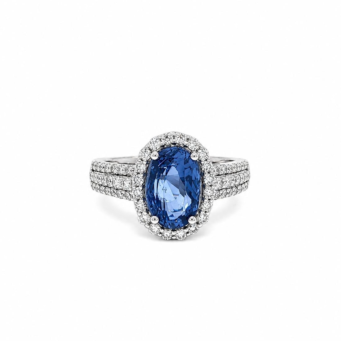 GIA No Heat Ceylon Sapphire Diamond Platinum Cocktail Ring 4.68ctw: GIA No Heat Ceylon Sapphire Diamond Platinum Cocktail Ring 4.68ctw Classic contemporary cocktail ring featuring a natural Ceylon no-heat blue sapphire accented by numerous natural diamonds. Crafted in