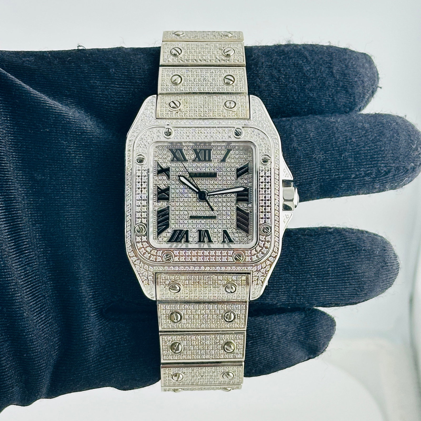 Cartier Santos 100 XL Ref 2656 Mens Watch Diamond Dial Aftermarket Bracelet: Cartier Santos 100 XL Ref 2656 Mens Watch Diamond Dial Aftermarket Bracelet This Cartier Santos 100 XL features a striking diamond Roman dial and a diamond-set bezel. The watch is equipped with an aft