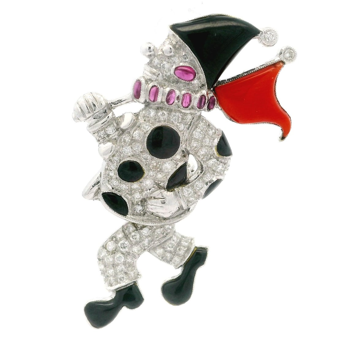 Vintage Clown Brooch Moving Pin with Gold Diamonds Rubies Onyx: Vintage Clown Brooch Moving Pin with Gold Diamonds Rubies Onyx This vintage clown pin brooch is a stunning piece that showcases a delightful combination of gemstones and exquisite craftsmanship. It fe