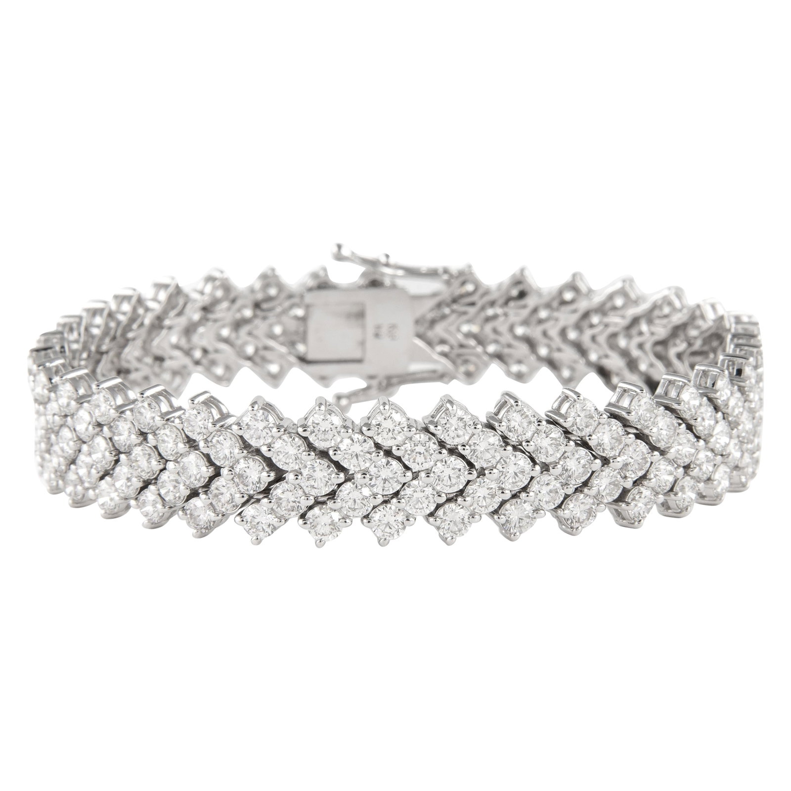 18k White Gold 18.18ct Five-Row Diamond Bracelet: 18k White Gold 18.18ct Five-Row Diamond Bracelet This exquisite five-row diamond tennis bracelet is crafted from 18k white gold and features a stunning total of 278 round-cut white diamonds, weighing 