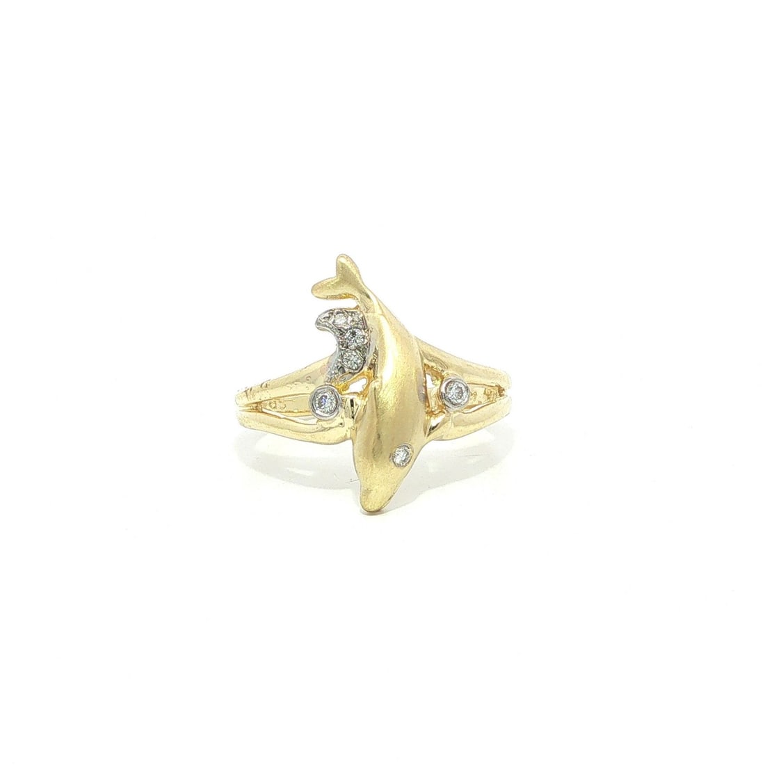 Dolphin Band Ring in 14k Yellow Gold with 6 Diamonds Matte Texture: Dolphin Band Ring in 14k Yellow Gold with 6 Diamonds Matte Texture Textured jumping dolphin band ring crafted in solid 14k yellow gold and set with natural diamonds. The design features a matte finish