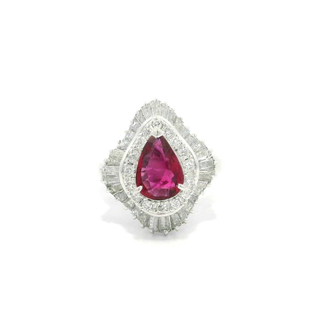 GIA Certified Platinum Cocktail Ring with 2.55ctw Ruby Diamond Halo Ballerina: GIA Certified Platinum Cocktail Ring with 2.55ctw Ruby Diamond Halo Ballerina Pre-owned women's cocktail ring featuring a natural pear-cut ruby surrounded by a double halo and ballerina-style diamond 