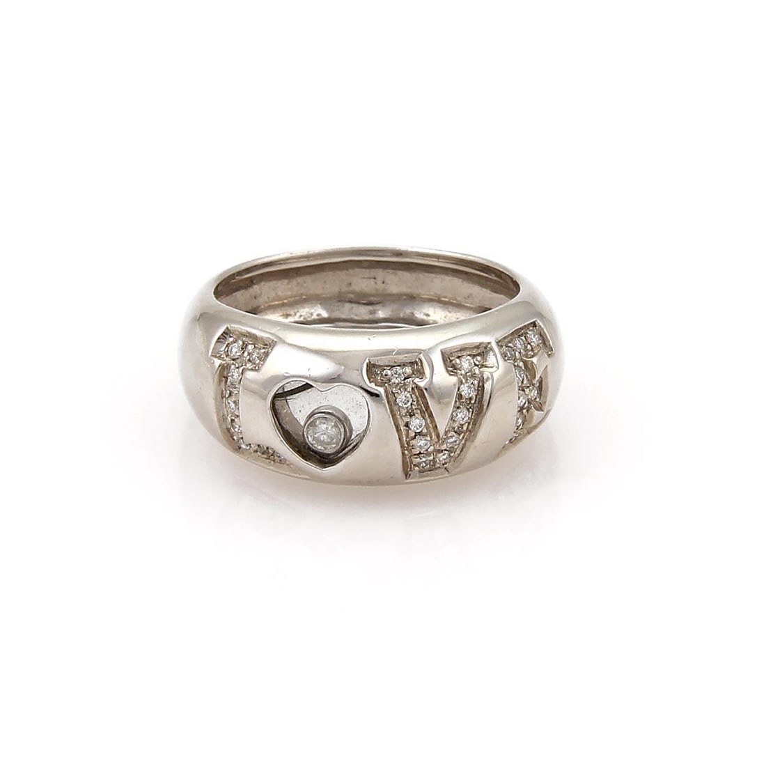 18k White Gold LOVE Dome Ring with Floating Diamond: 18k White Gold LOVE Dome Ring with Floating Diamond This exquisite 18k white gold band ring features a tapered dome design adorned with the word 'LOVE' across the front. The letters 'L', 'V', and 'E' 