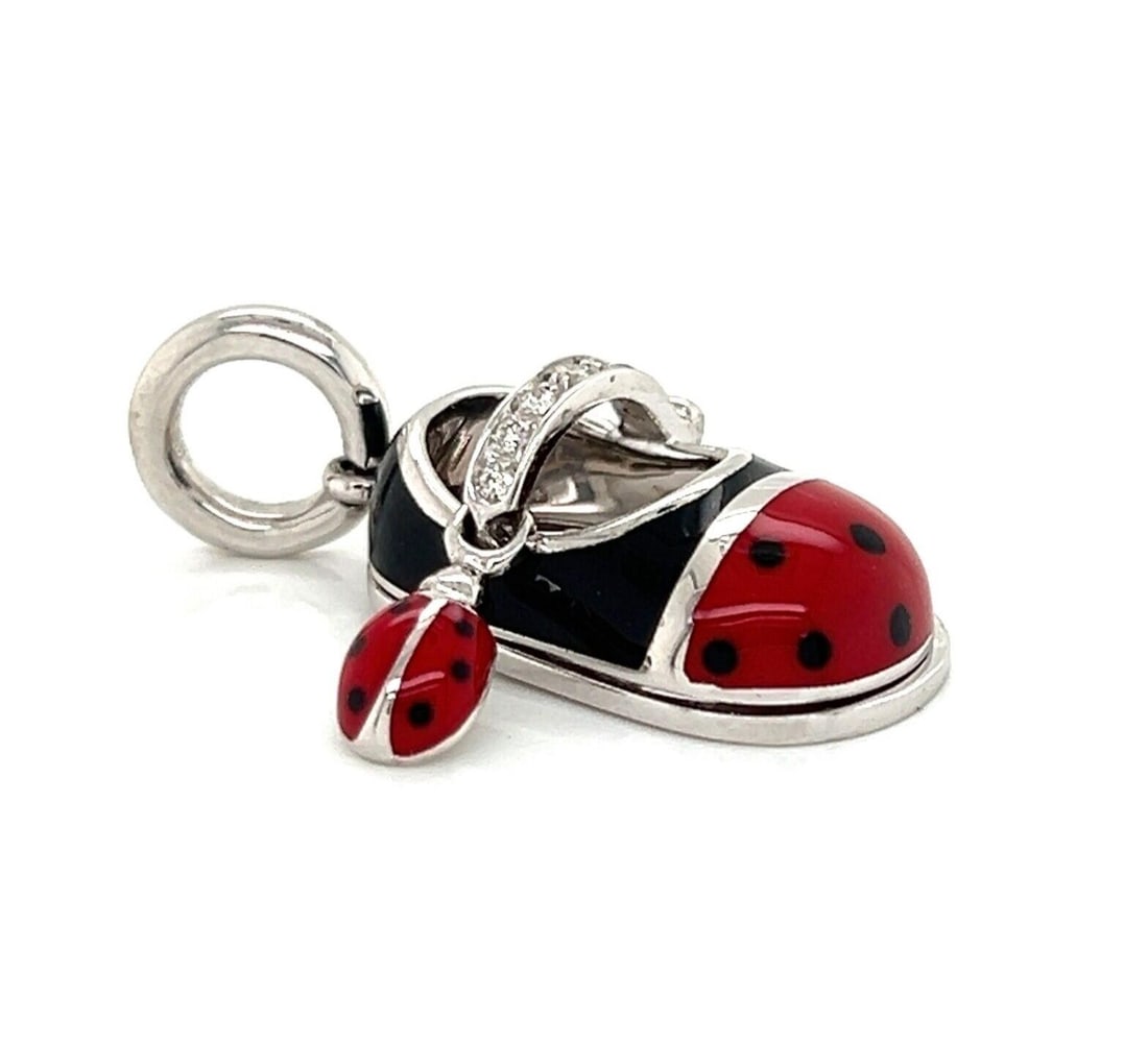 Aaron Basha Baby Shoe Pendant 18k White Gold Diamond Ladybug Enamel Charm (1 of 8)