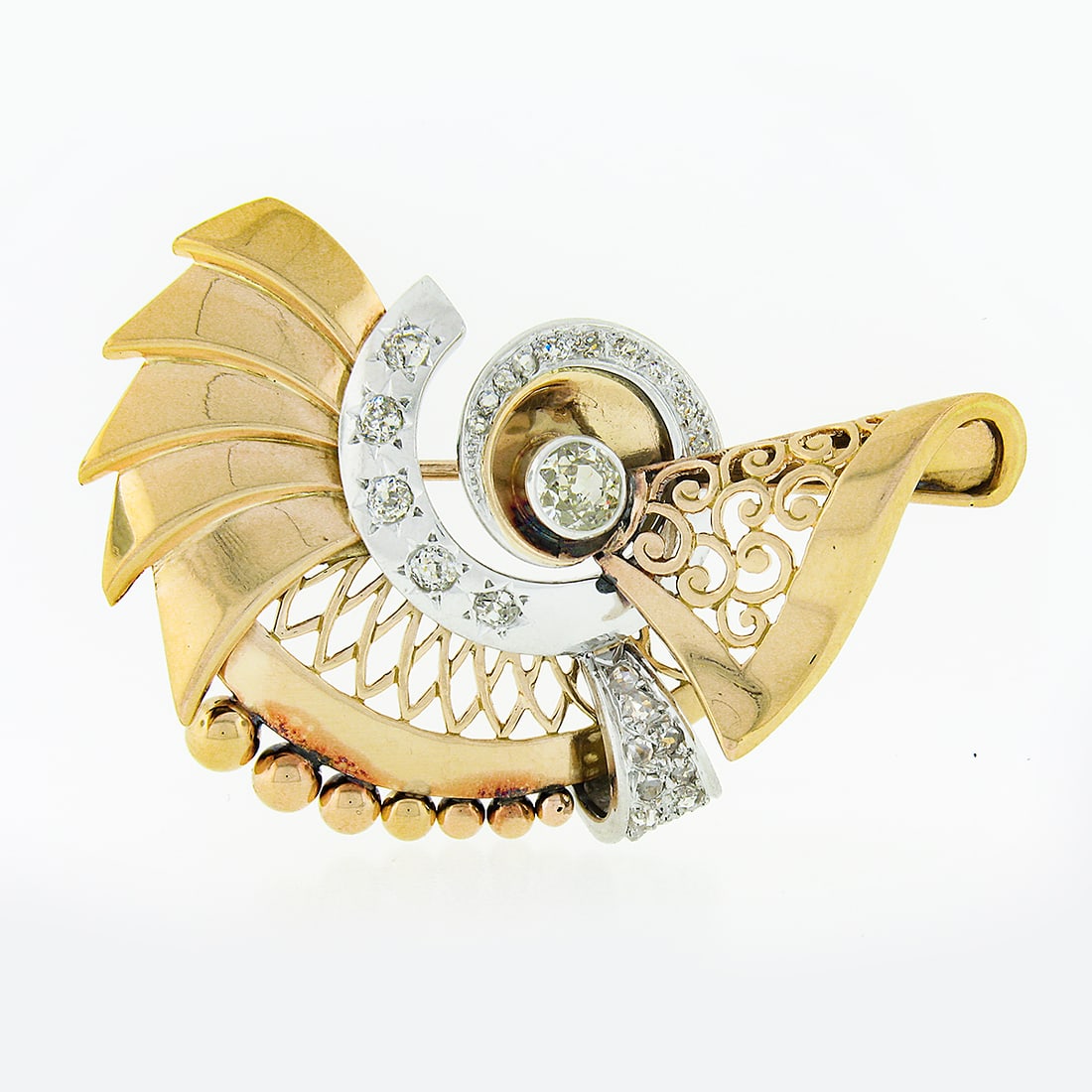 Retro 18k Gold Platinum Diamond Bead Open Work Brooch: Retro 18k Gold Platinum Diamond Bead Open Work Brooch This retro vintage European brooch is finely crafted from solid 18k rosy yellow gold and .900 platinum, with a 16k gold pin. The brooch features a