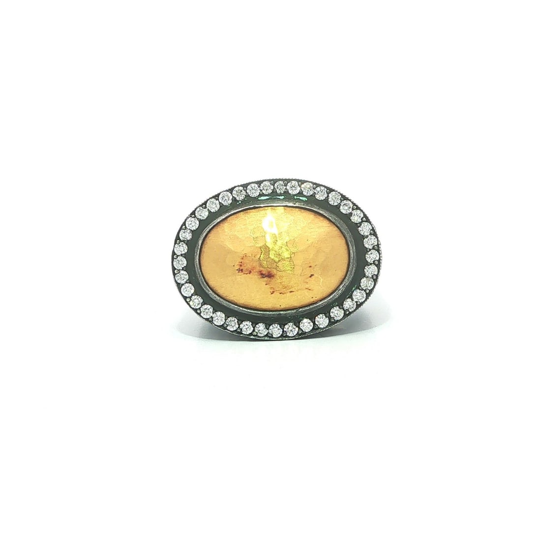 Lika Behar Pompei Halo Ring Sterling Silver 24k Gold Diamond Hammered: Lika Behar Pompei Halo Ring Sterling Silver 24k Gold Diamond Hammered Hammered Pompei ring featuring a diamond halo design in blackened sterling silver with a 24k yellow gold top. Set with numerous na
