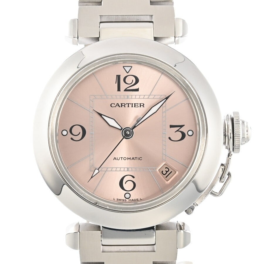 Cartier Pasha C W31075M7 Unisex Automatic Watch Pink Dial Steel: Cartier Pasha C W31075M7 Unisex Automatic Watch Pink Dial Steel Pre-owned Cartier Pasha C wristwatch featuring a pink dial, automatic movement, and a stainless steel case with matching bracelet. This 