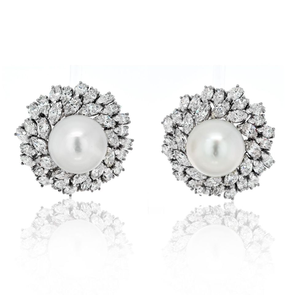 Van Cleef & Arpels 18K White Gold Pearl Diamond Earrings 20ct Marquise (1 of 5)