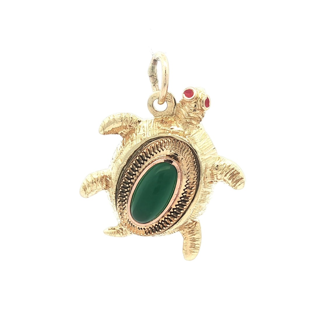 Vintage 14k Yellow Gold Turtle Charm Pendant with Green Stone and Red Enamel: Vintage 14k Yellow Gold Turtle Charm Pendant with Green Stone and Red Enamel This exquisite vintage charm pendant features a detailed turtle design crafted from solid 14k yellow gold, showcasing a bea