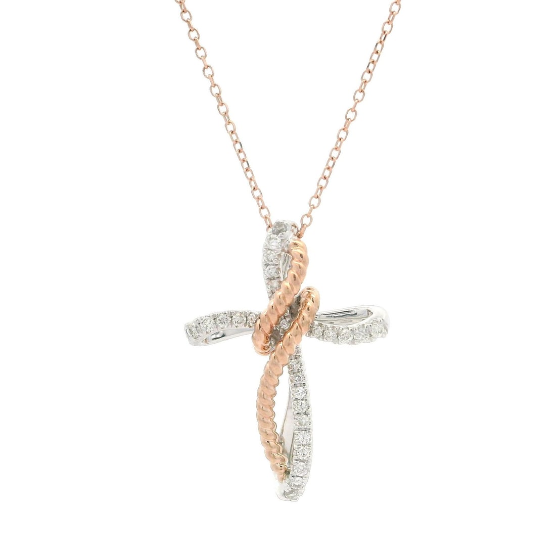 Rose Gold 0.20ctw Diamond Twisted Cross Adjustable Necklace: Rose Gold 0.20ctw Diamond Twisted Cross Adjustable Necklace This exquisite necklace features a stunning twisted wire cross pendant adorned with a total of 0.20 carats of natural, round brilliant cut