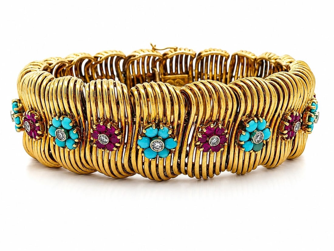Unbranded 18k Yellow Gold Wide Bracelet with Turquoise Ruby Diamond Clusters: Unbranded 18k Yellow Gold Wide Bracelet with Turquoise Ruby Diamond Clusters Vintage handmade wide bracelet crafted in 18k solid yellow gold with a cluster design featuring natural turquoise, ruby, an