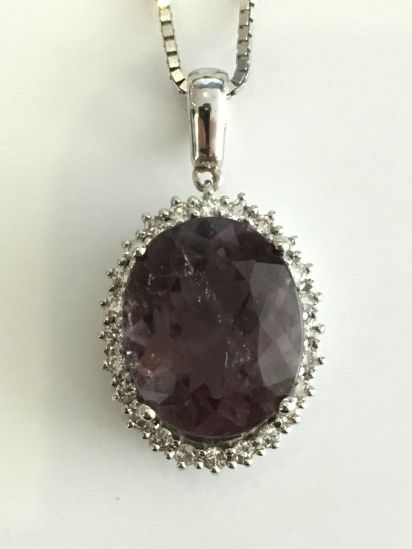Unbranded 14K White Gold Tourmaline Diamond Pendant Necklace 17 In (1 of 2)