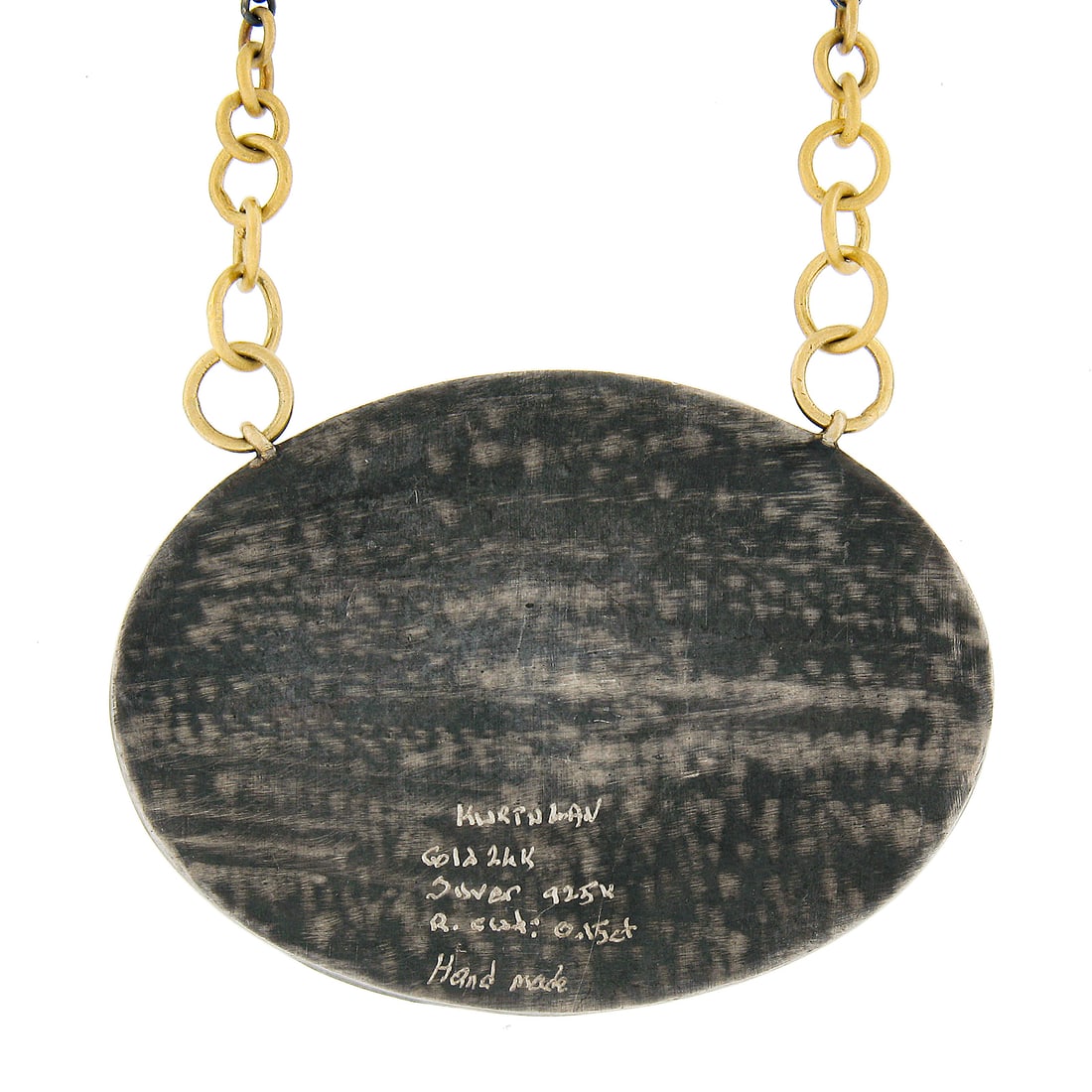 Vintage 925 Silver 24K Gold Bezel Diamond Hammered Oval Pendant Necklace: Vintage 925 Silver 24K Gold Bezel Diamond Hammered Oval Pendant Necklace This exquisite pendant necklace features a large, hammered finish oval pendant crafted from solid 925 blackened silver and ador