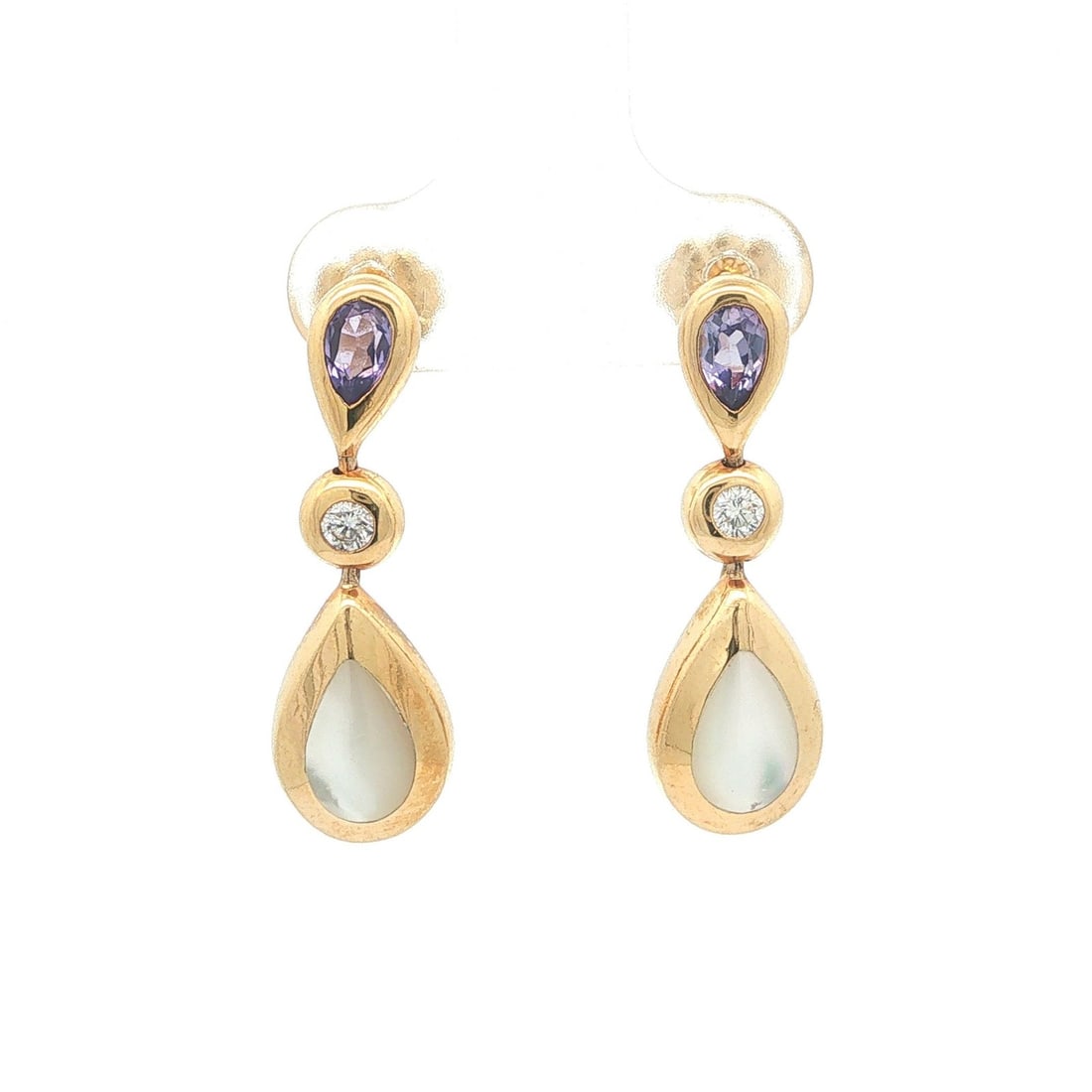 Kabana Mother of Pearl Tanzanite Diamond 14k Gold Drop Earrings: Kabana Mother of Pearl Tanzanite Diamond 14k Gold Drop Earrings Elegant estate dangle earrings by Kabana featuring inlaid cultured mother of pearl accented with natural tanzanite and diamonds. Crafted