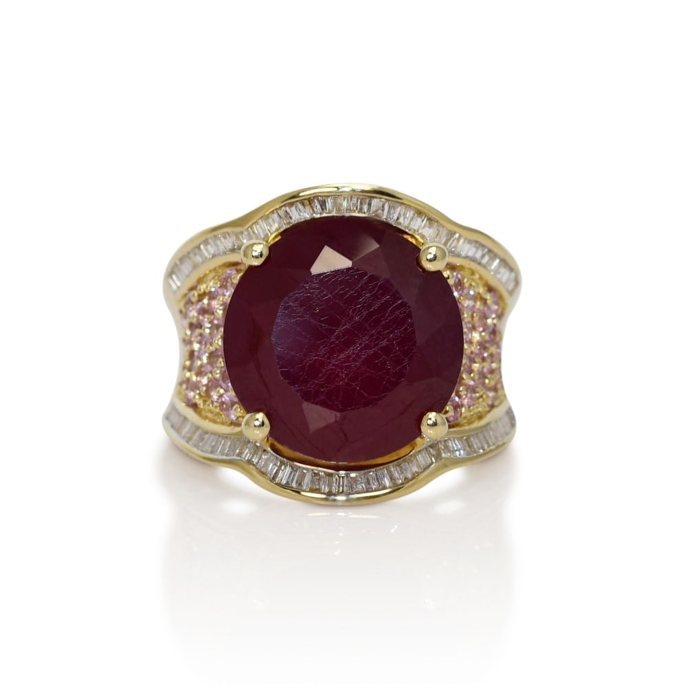 Unbranded 14K Yellow Gold Ring Synthetic Ruby Diamond Pink Topaz 10.5g (1 of 6)
