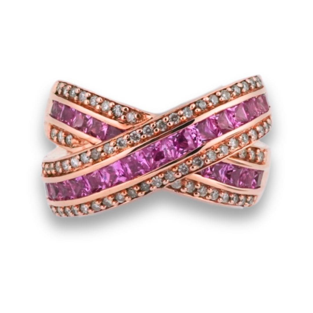 Princess Cut Pink Sapphire Diamond Ring in 14K Rose Gold Size 8: Princess Cut Pink Sapphire Diamond Ring in 14K Rose Gold Size 8 A well-crafted cocktail ring in 14K rose gold, set with natural princess cut pink sapphires and accented by round brilliant cut diamonds