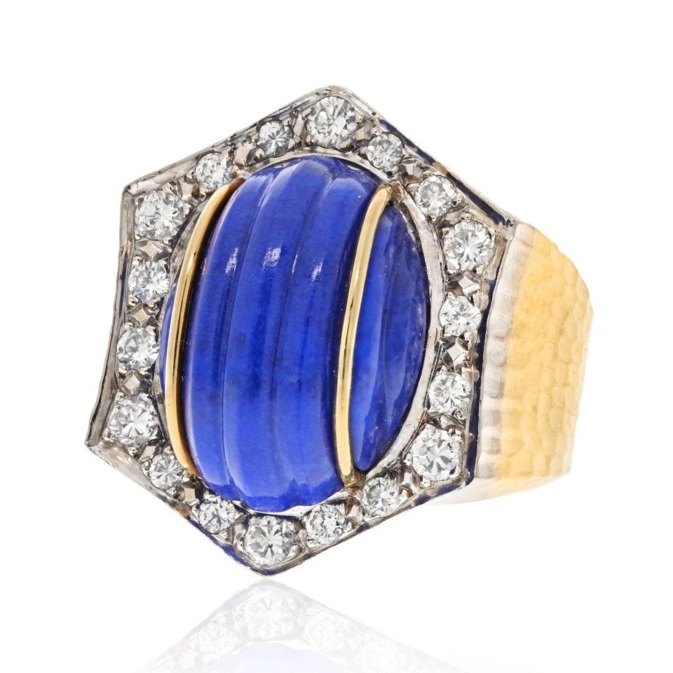 David Webb 18K Gold Platinum Hammered Lapis Diamond Frame Ring: David Webb 18K Gold Platinum Hammered Lapis Diamond Frame Ring This exquisite estate ring showcases a stunning blend of platinum and 18K yellow gold with a hammered finish. The centerpiece features a 