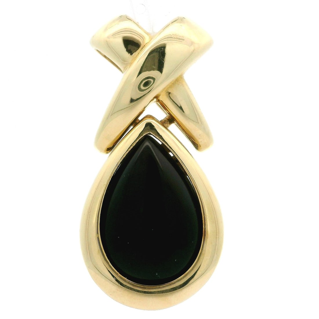 14k Yellow Gold Puffed Figure X Slide Pendant with Black Onyx: 14k Yellow Gold Puffed Figure X Slide Pendant with Black Onyx This stunning pendant features a pear-shaped cabochon cut natural black onyx, expertly bezel set in 14k solid yellow gold. The elegant "X"