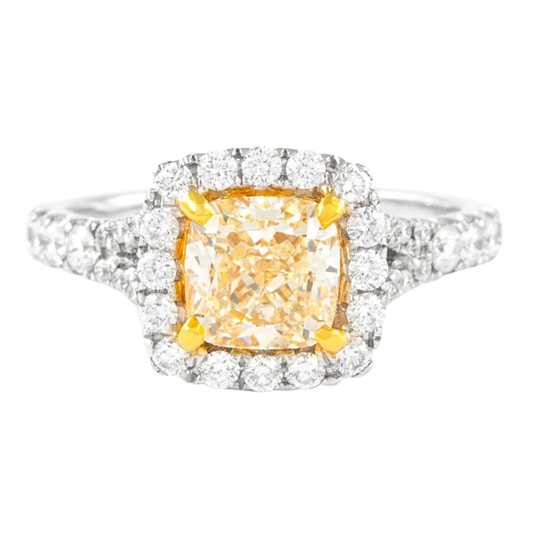 2.16ct Fancy Light Yellow Diamond Ring 18k Gold EGL Certified: 2.16ct Fancy Light Yellow Diamond Ring 18k Gold EGL Certified This stunning Fancy Light Yellow Cushion Diamond Ring features a total diamond weight of 2.16 carats. The centerpiece is a 1.57 carat cush