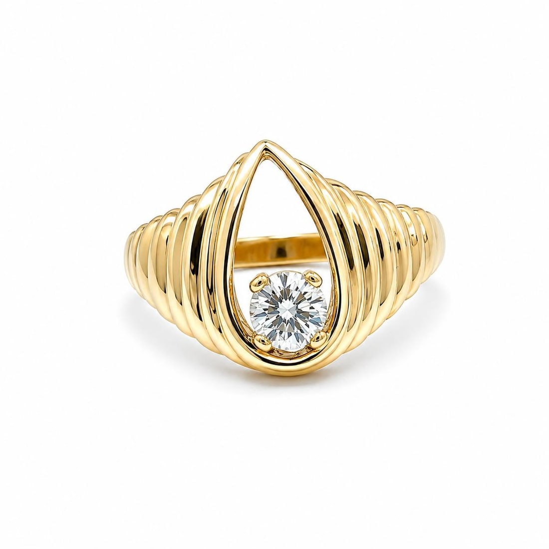 Unbranded 14k Yellow Gold Pear Shape Ring with 0.35ct Diamond Solitaire: Unbranded 14k Yellow Gold Pear Shape Ring with 0.35ct Diamond Solitaire Pre-owned women's ring featuring a natural genuine diamond solitaire in a ribbed open pear-shaped design. The round brilliant cu