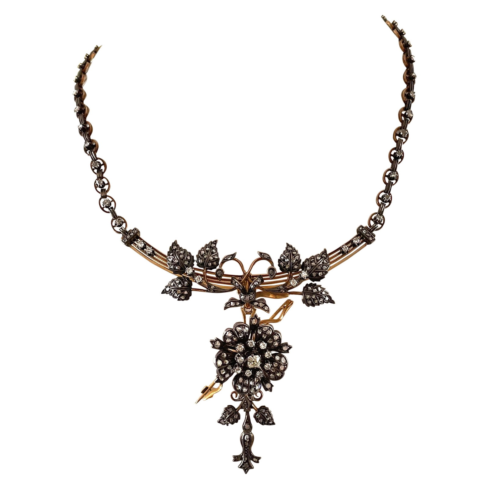 Victorian Style 12ct Rose Cut Diamond Necklace Brooch Gold Silver: Victorian Style 12ct Rose Cut Diamond Necklace Brooch Gold Silver This exquisite vintage necklace showcases a stunning Victorian style, featuring approximately 12 carats of rose cut diamonds. The neck